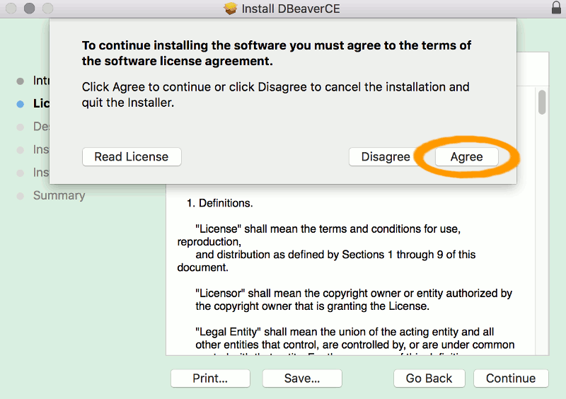 Pop up box for agreeing to the license agreement