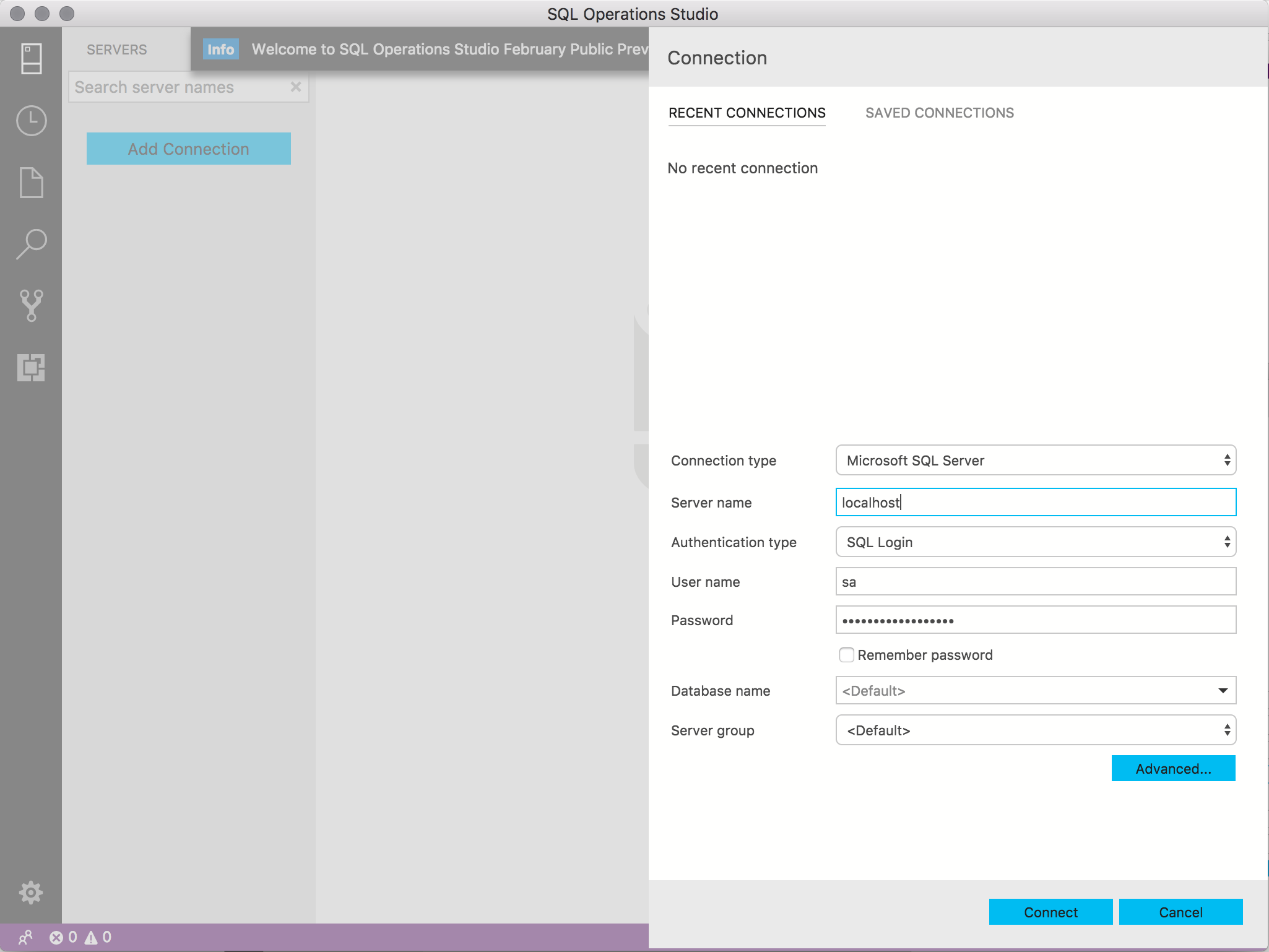 Screenshot of connecting to SQL Server with SQL Operations Studio (SQLOPS)
