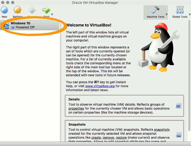 Screenshot of the VirtualBox home page with the virtual machine highlighted.