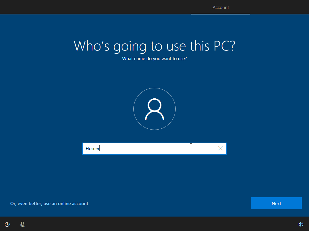 Screenshot of the Windows setup wizard - Add name.