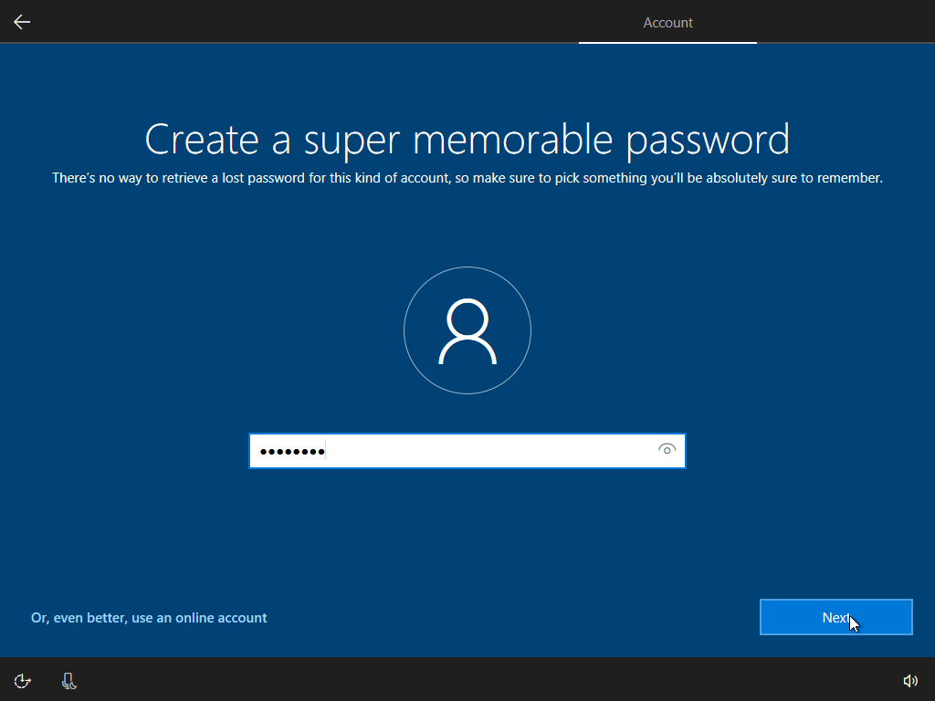 Screenshot of the Windows setup wizard - Create Password.