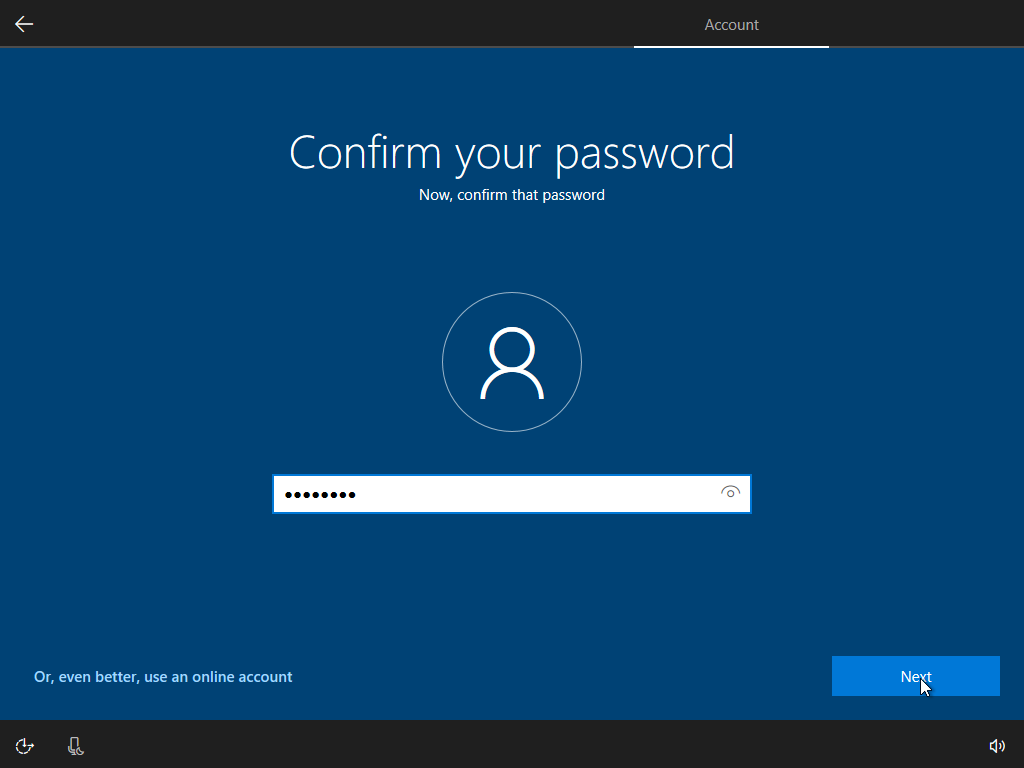 Screenshot of the Windows setup wizard - Confirm Password.