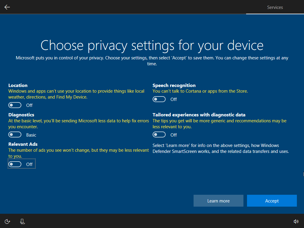 Screenshot of the Windows setup wizard - Privacy.