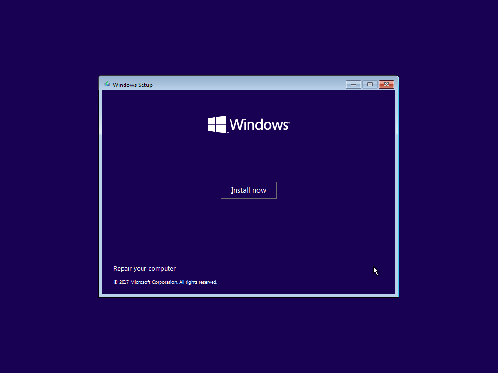 Screenshot of the Windows setup wizard - Install Now screen.