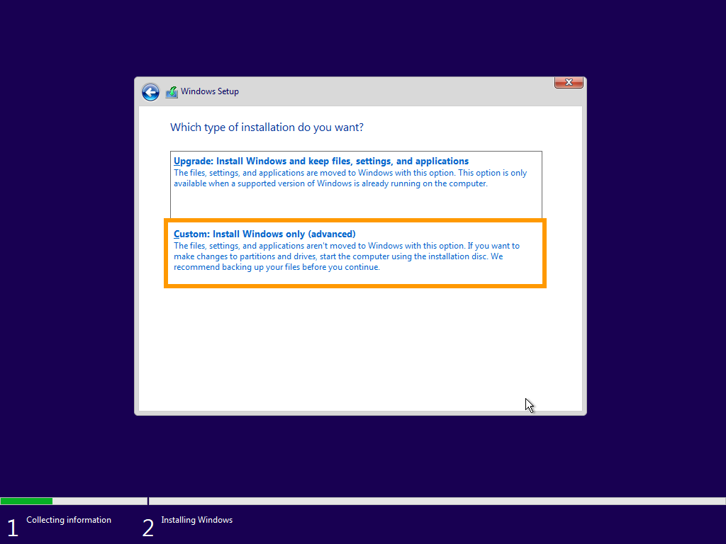 Screenshot of the Windows setup wizard - Installation type.