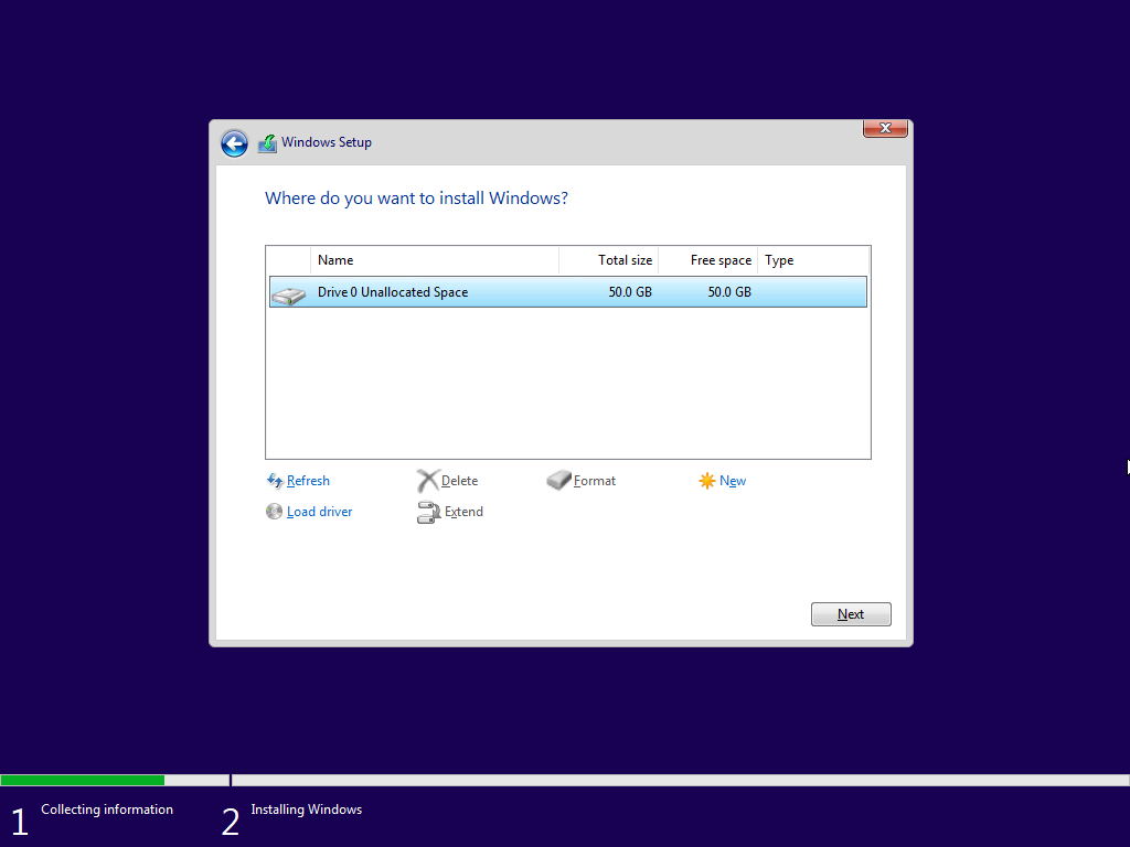 Screenshot of the Windows setup wizard - Select the drive.