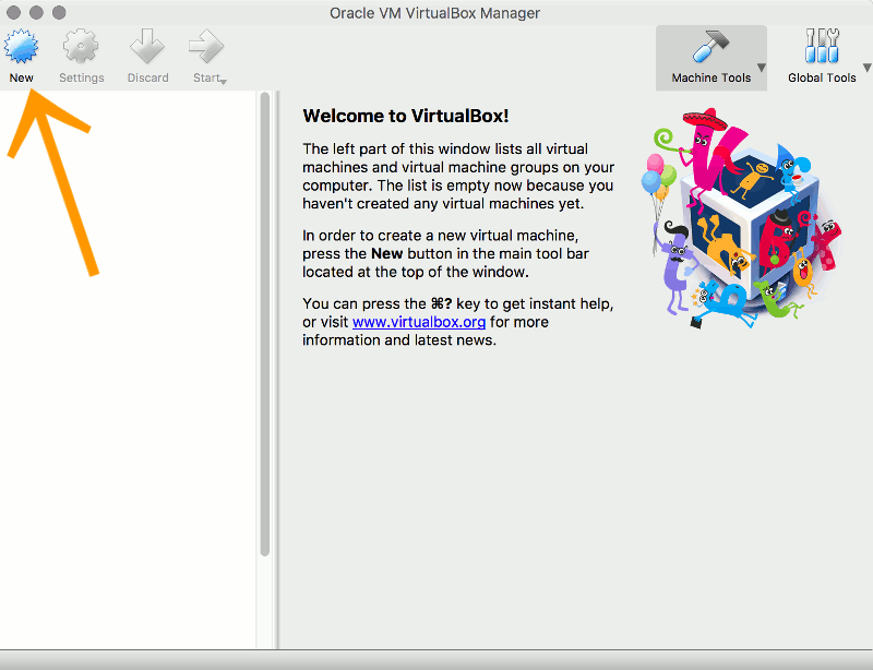 Screenshot of VirtualBox with the New button highlighted.