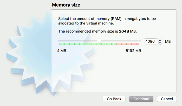 Screenshot of the VirtualBox wizard - Memory Size screen.