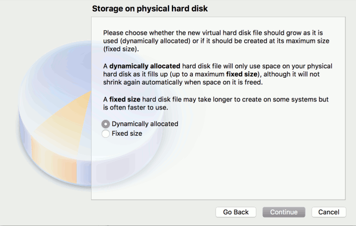 Screenshot of the VirtualBox wizard - Storage on Physical Hard Disk screen.