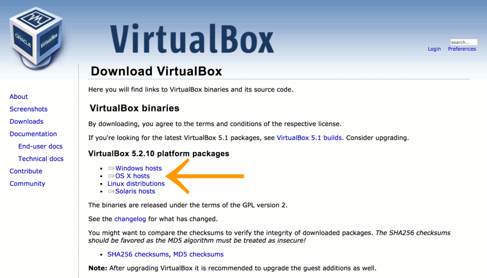 Screenshot of the VirtualBox download page