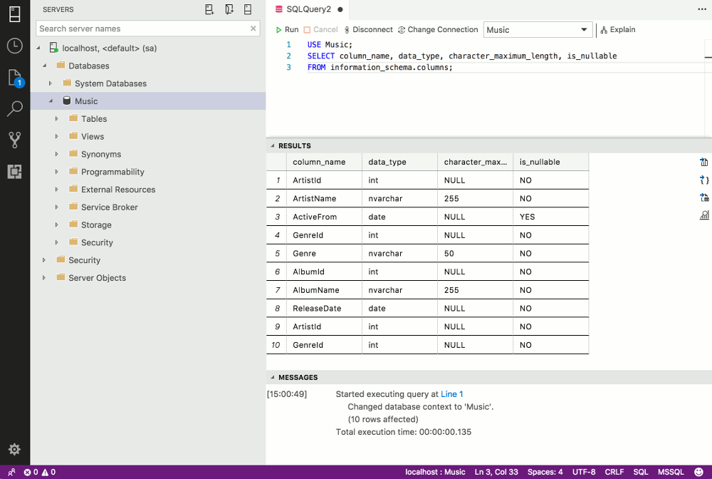 Screenshot of SQLOPS/Azure Data Studio with the script results.