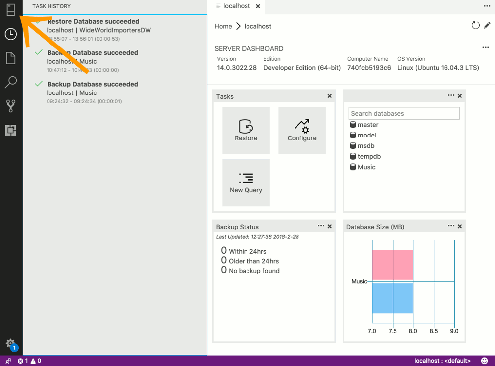 Screenshot of SQLOPS/Azure Data Studio with the Servers icon highlighted